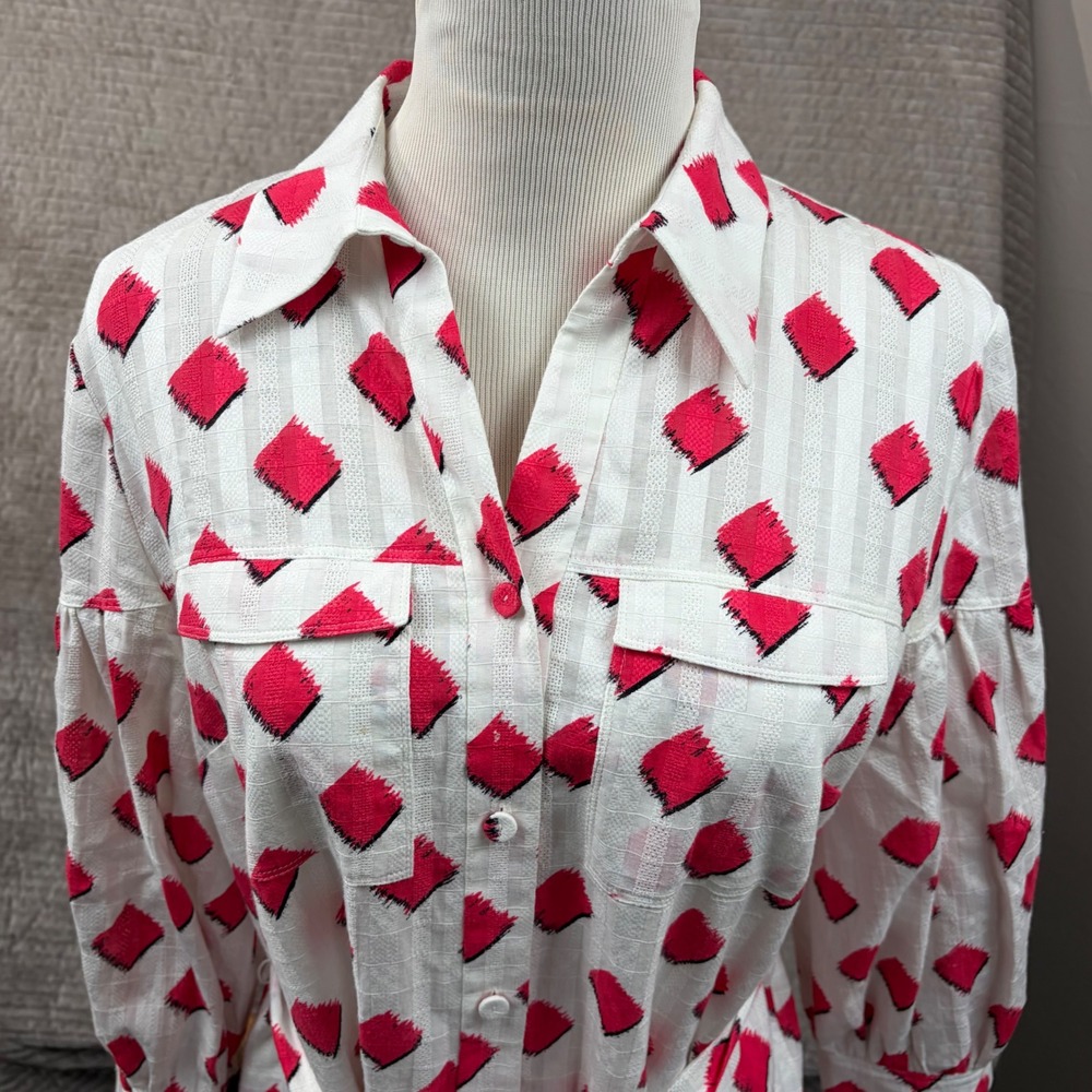 Diane von Furstenberg Red Diamond Ikat Cotton Shirt Dress Size 6 Belted Flounce